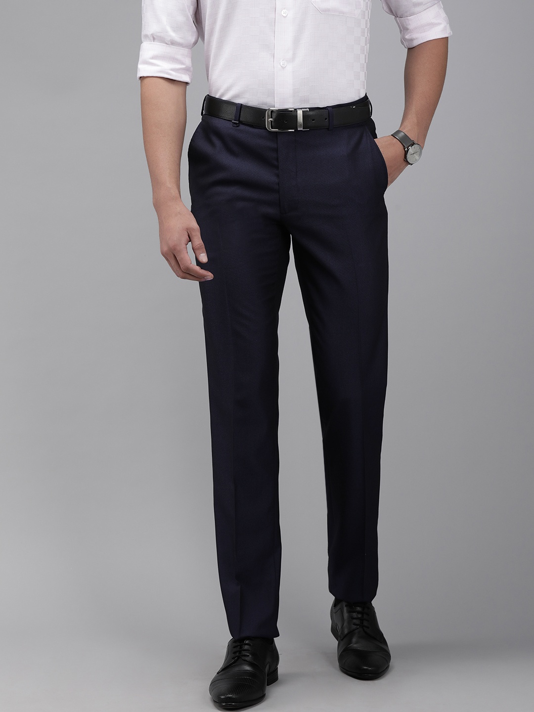 

Van Heusen Men Navy Blue Slim Fit Self Design Formal Trousers