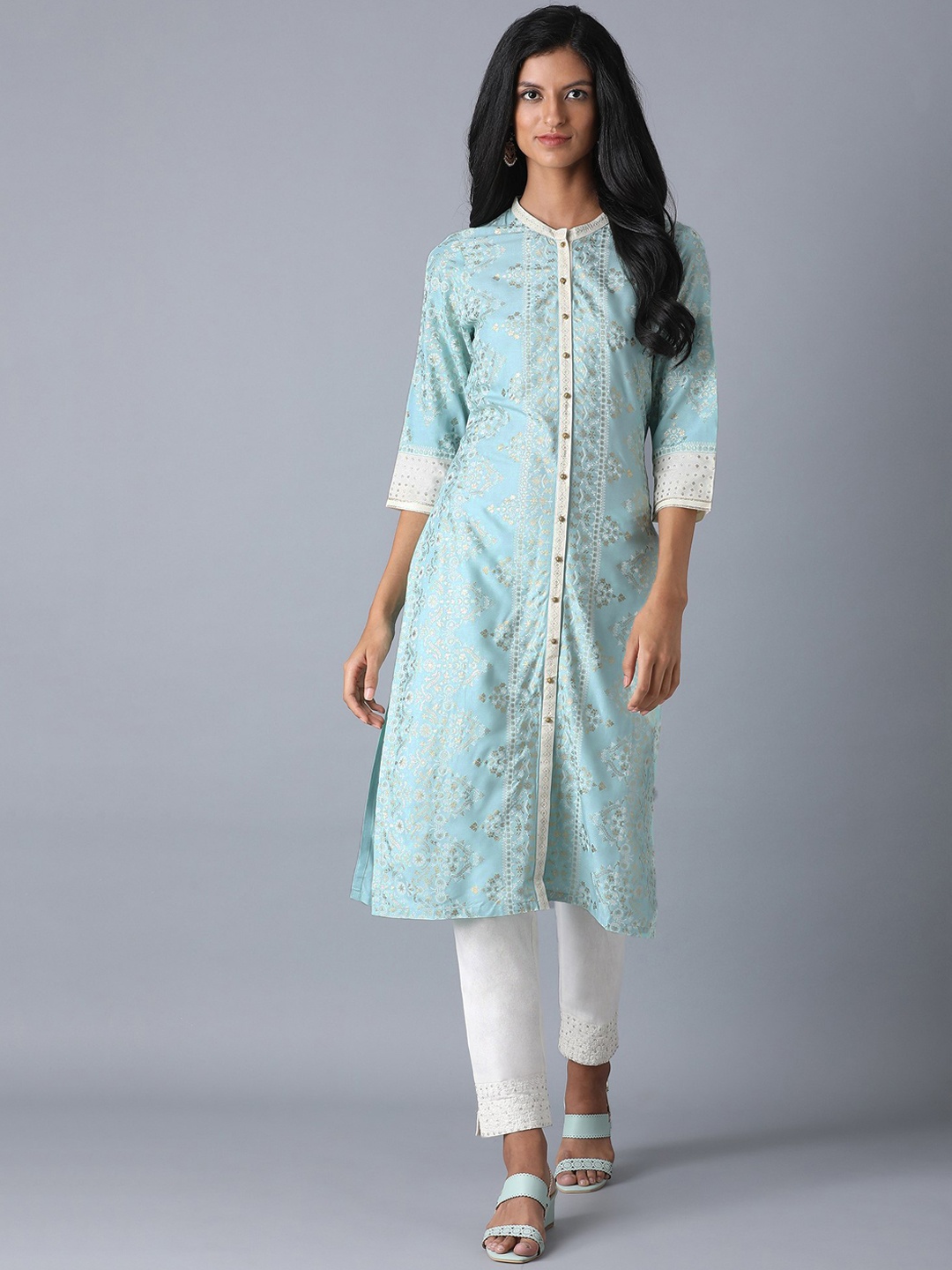 

W Women Turquoise Blue & Gold-Toned Ethnic Motifs Printed Kurta