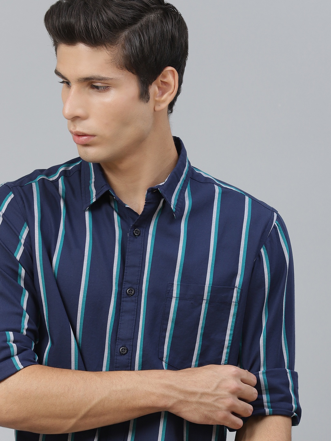 

Harvard Men Navy & Sea Green Pure Cotton Striped Casual Shirt, Navy blue