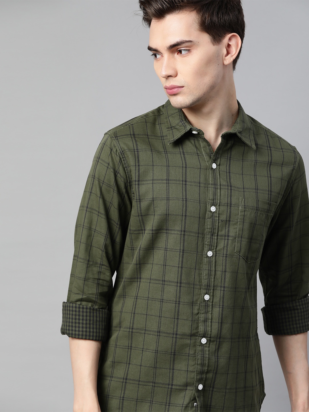 

Harvard Men Olive Green & Black Tartan Checked Cotton Casual Shirt