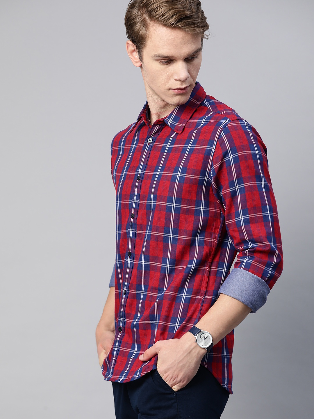 

Harvard Men Red & Blue Pure Cotton Tartan Checked Casual Shirt