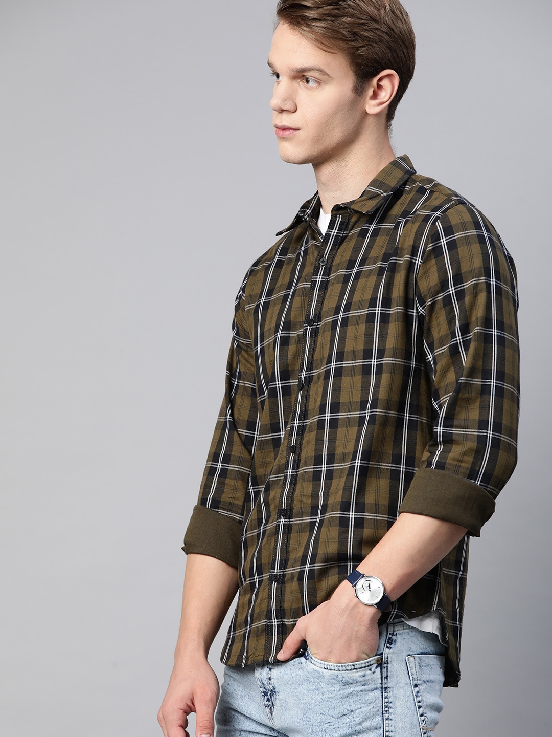 

Harvard Men Olive Green and White Pure Cotton Tartan Checks Casual Shirt