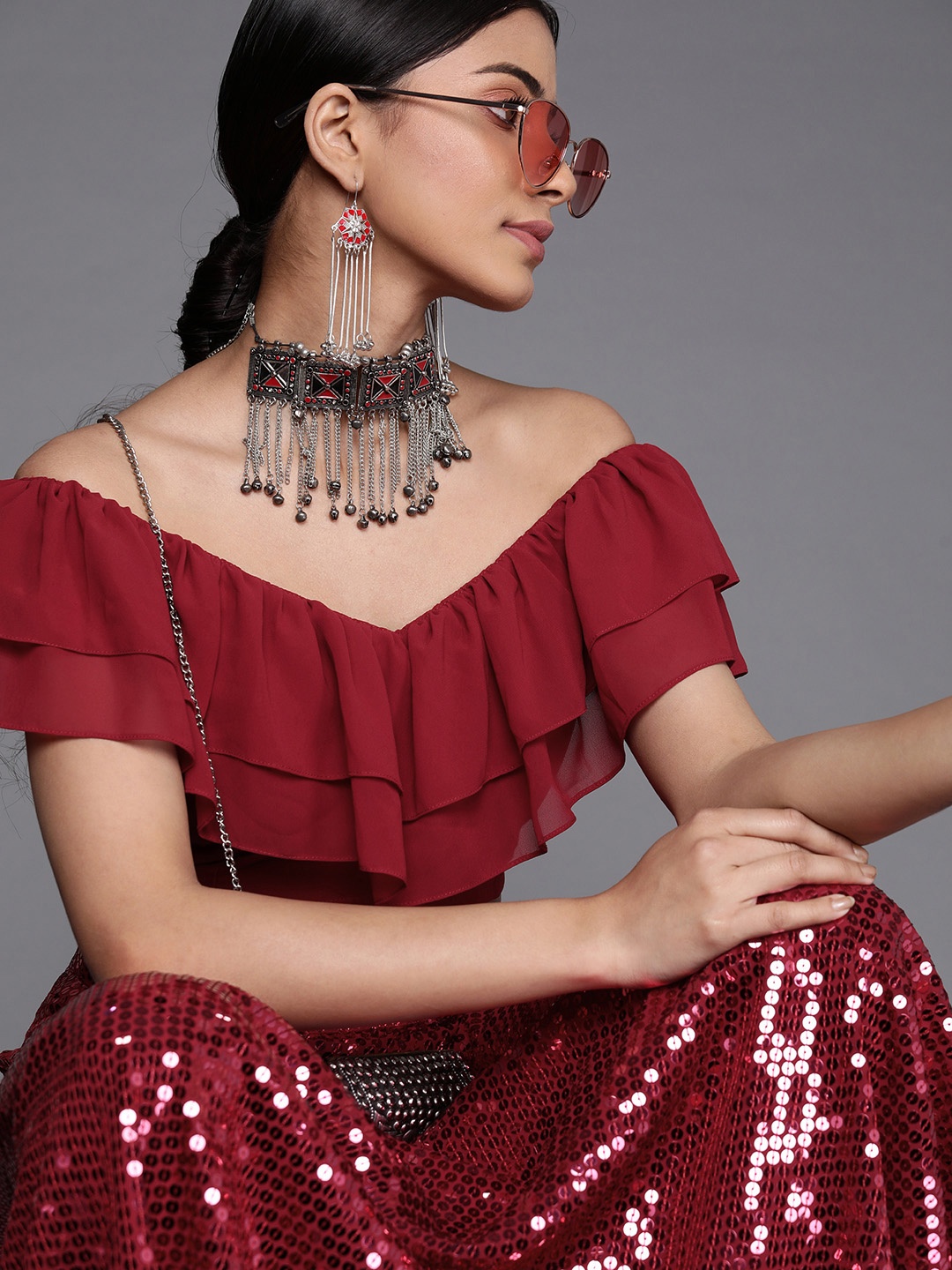 

Inddus Women Maroon Solid Off-Shoulder Top with Sequinned Skirt