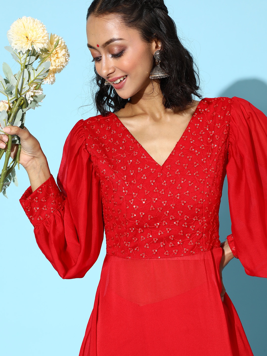 

Inddus Women Gorgeous Red Embellished Top with Solid Palazzo