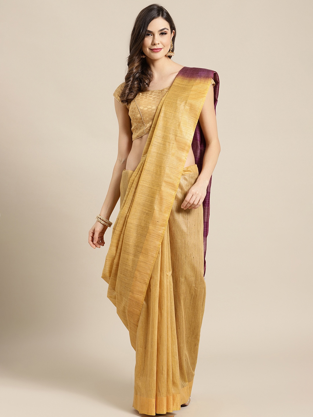 

Kalakari India Mustard & Purple Silk Blend Woven Design Handloom Saree