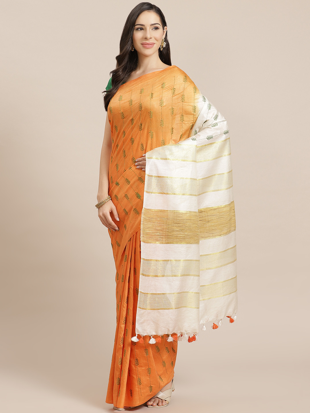 

Kalakari India Orange & Off-White Embroidered Handloom Bhagalpuri Saree