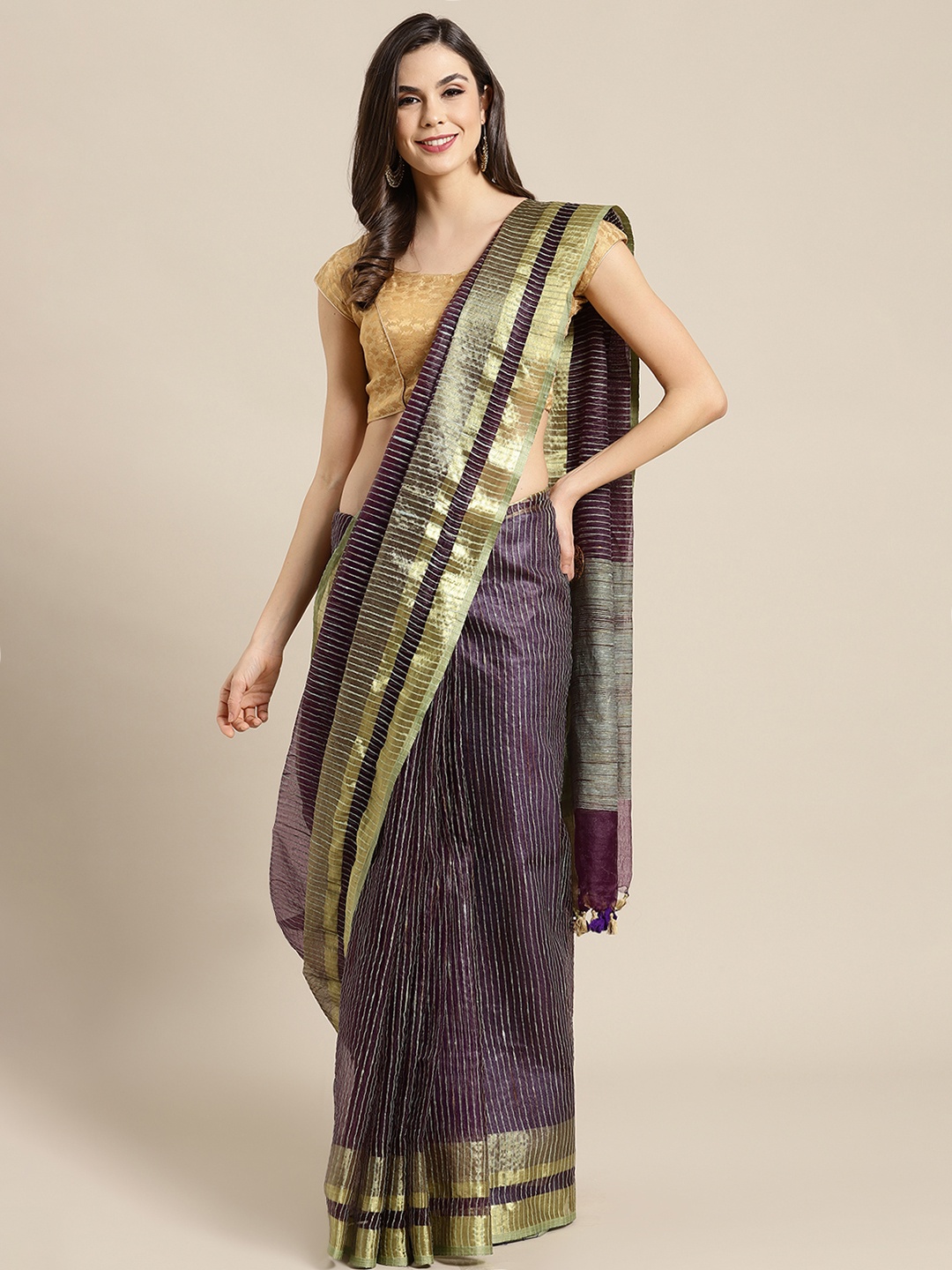 

Kalakari India Purple & Green Self-Striped Bhagalpuri Handloom Saree