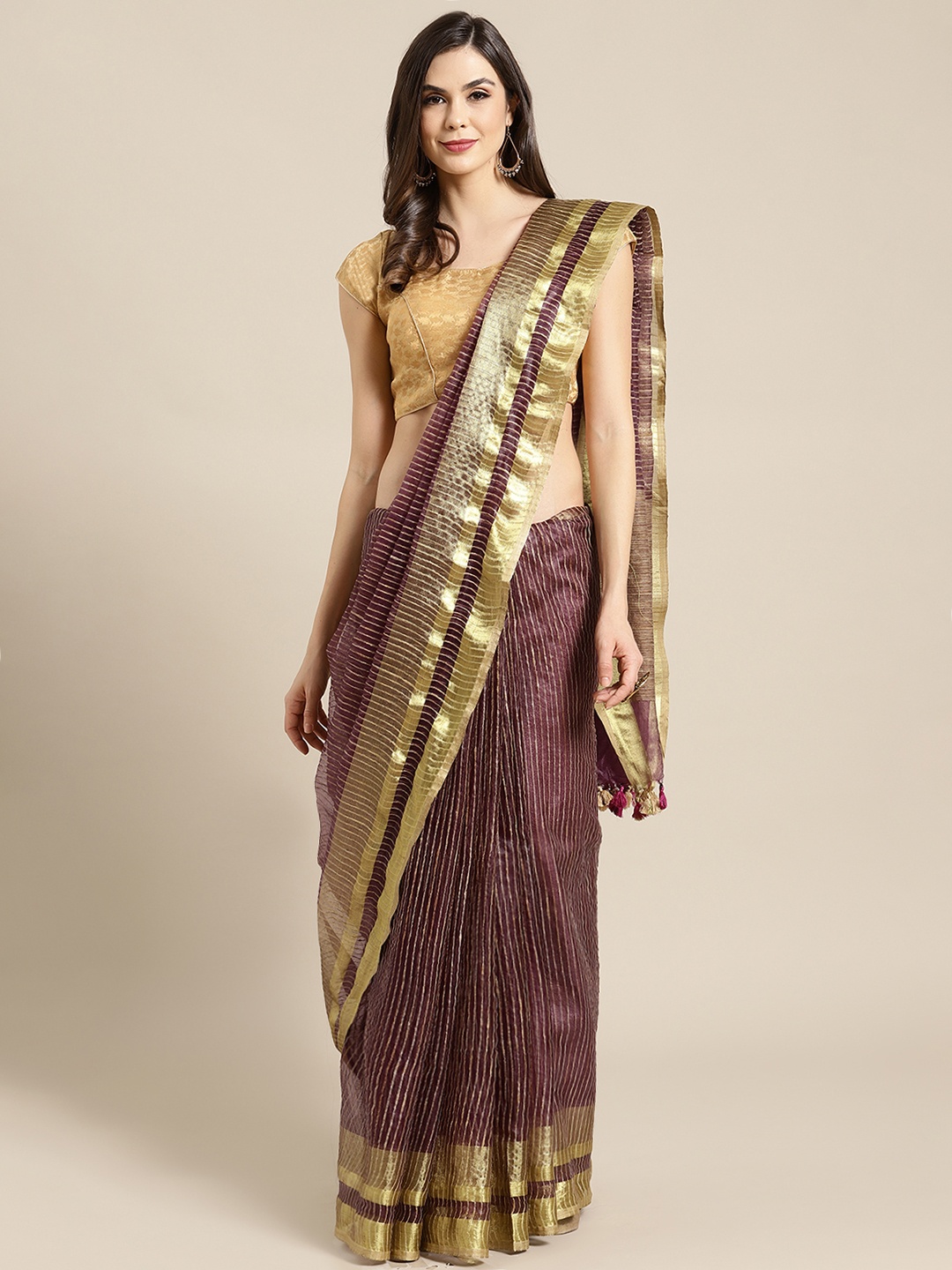 

Kalakari India Purple & Golden Self-Striped Bhagalpuri Handloom Saree