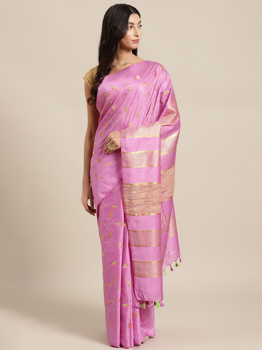 

Kalakari India Pink & Golden Silk Blend Embroidered Bhagalpuri Saree