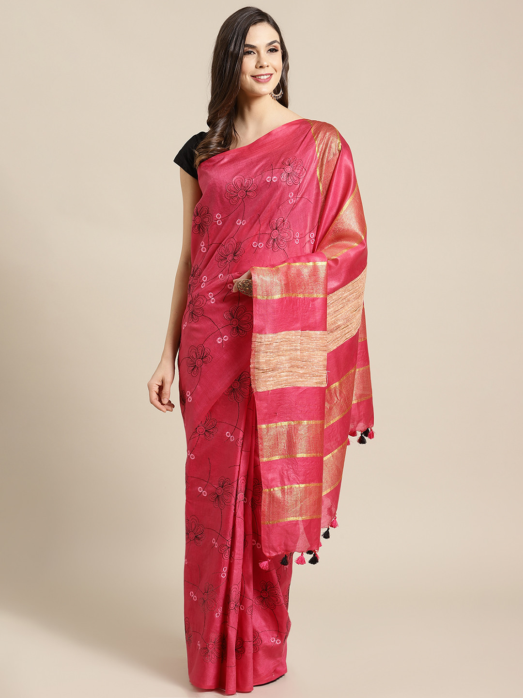 

Kalakari India Pink & Golden Embroidered Bhagalpuri Handloom Saree
