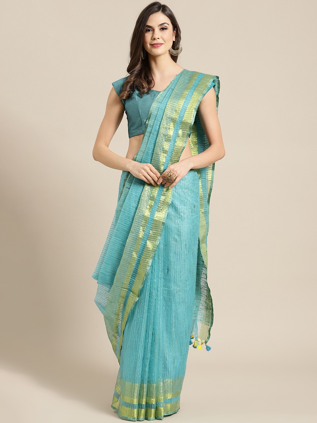 

Kalakari India Blue Handloom Striped Bhagalpuri Saree