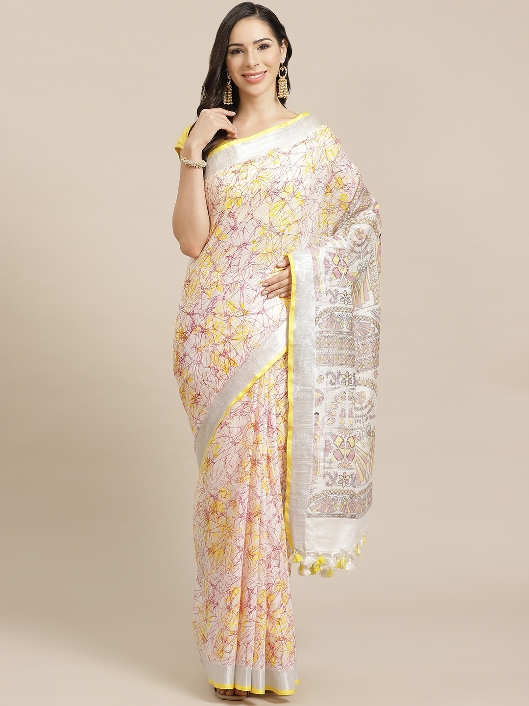 

Kalakari India Off-White & Yellow Printed Handloom Bhagalpuri Saree