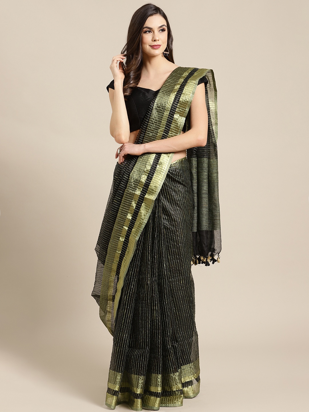

Kalakari India Black & Green Handloom Striped Bhagalpuri Saree
