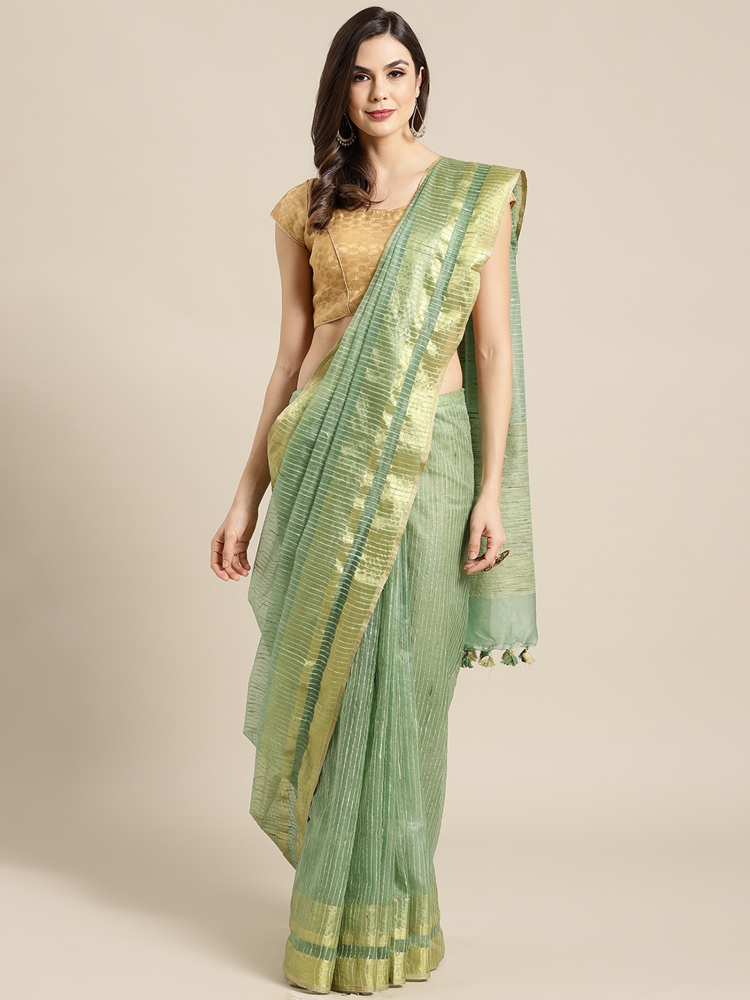 

Kalakari India Green & Golden Handloom Striped Bhagalpuri Saree