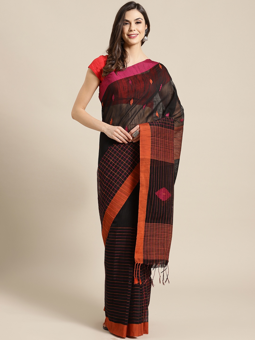 

Kalakari India Black & Orange Handloom Woven Design Ikat Saree