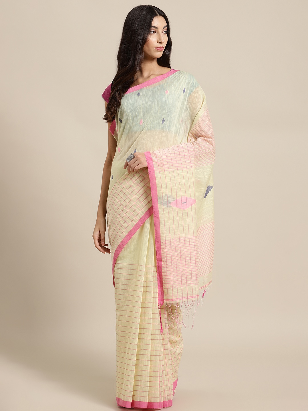 

Kalakari India Yellow & Pink Striped Ikat Handloom Saree