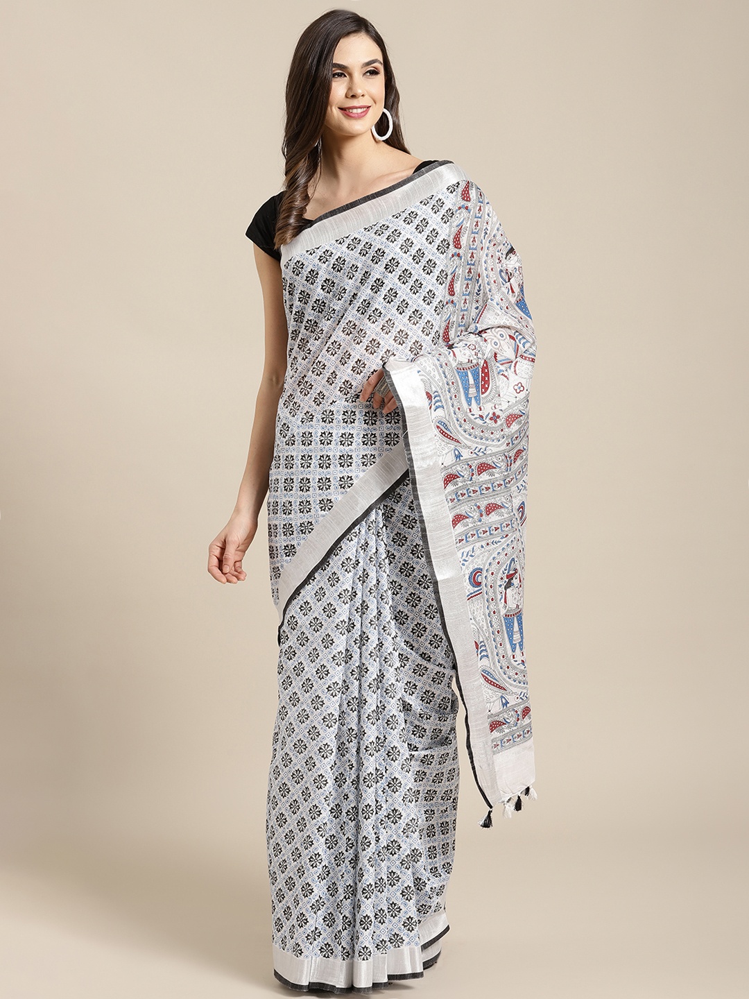 

Kalakari India White & Blue Printed Bhagalpuri Handloom Saree