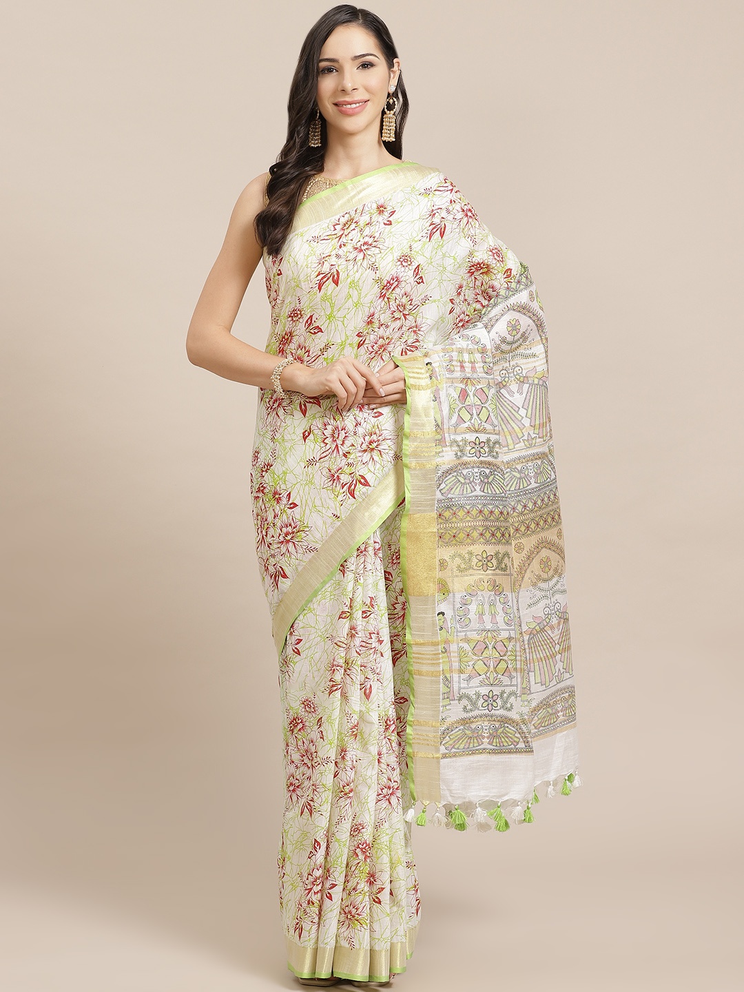 

Kalakari India Off-White & Green Kalamkari Print Handloom Bhagalpuri Saree