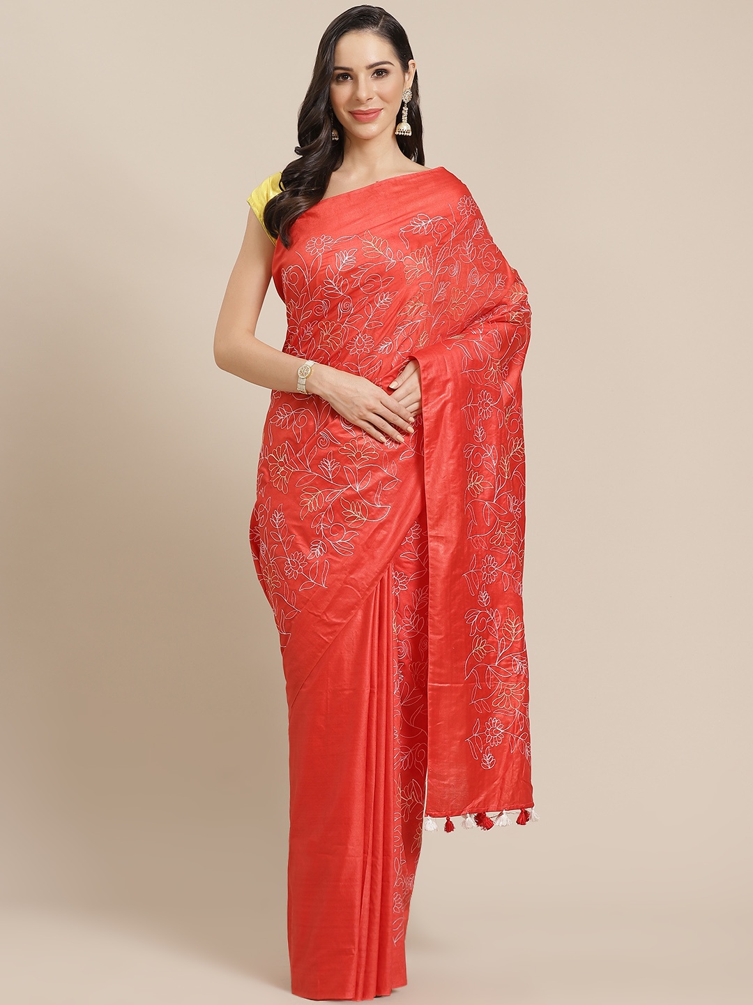 

Kalakari India Red & Cream-Coloured Embroidered Bhagalpuri Handloom Saree