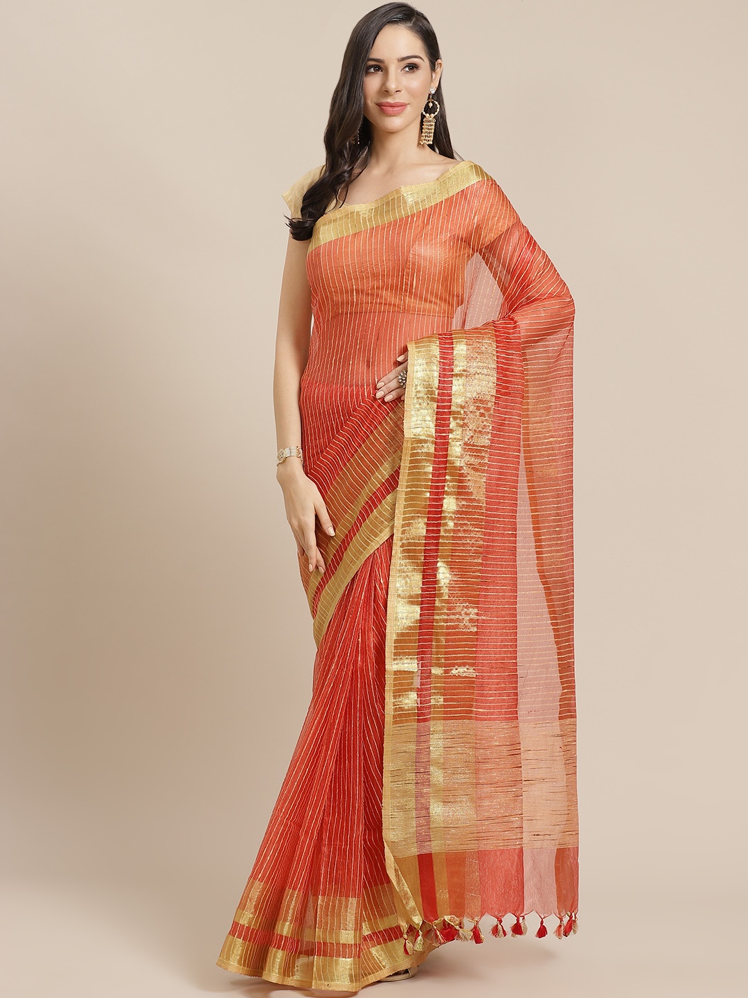 

Kalakari India Red & Cream-Coloured Woven Design Bhagalpuri Handloom Saree