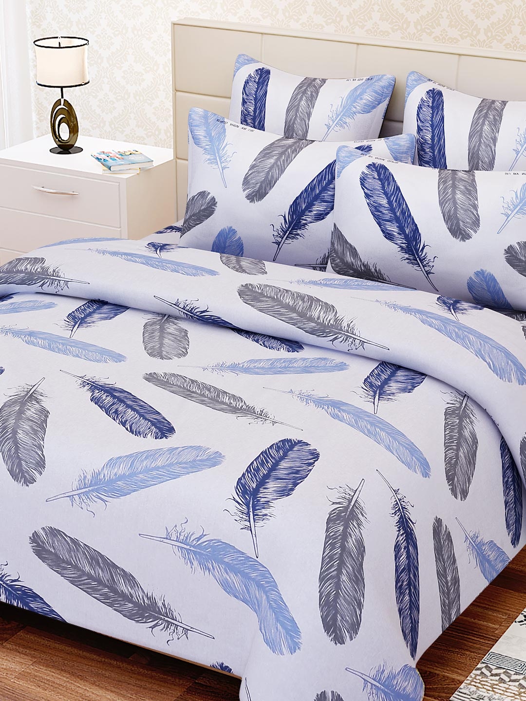 

SEJ by Nisha Gupta White & Blue 160 TC Cotton Double Bedsheet with 2 Pillow Covers