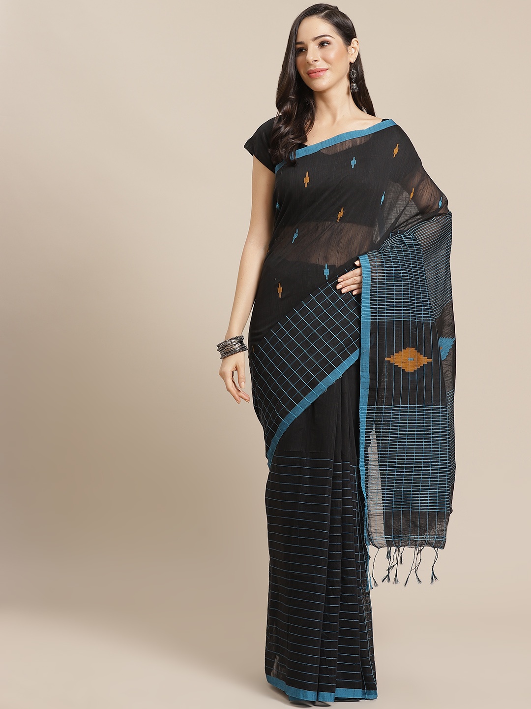 

Kalakari India Black & Blue Silk Cotton Woven Design Ikat Saree