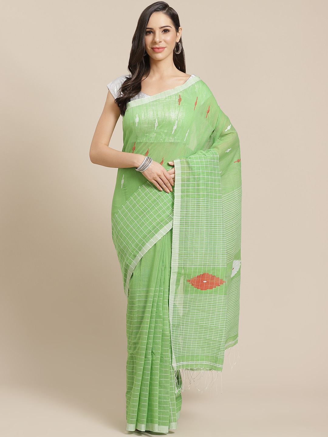 

Kalakari India Green & White Silk Cotton Woven Design Ikat Saree