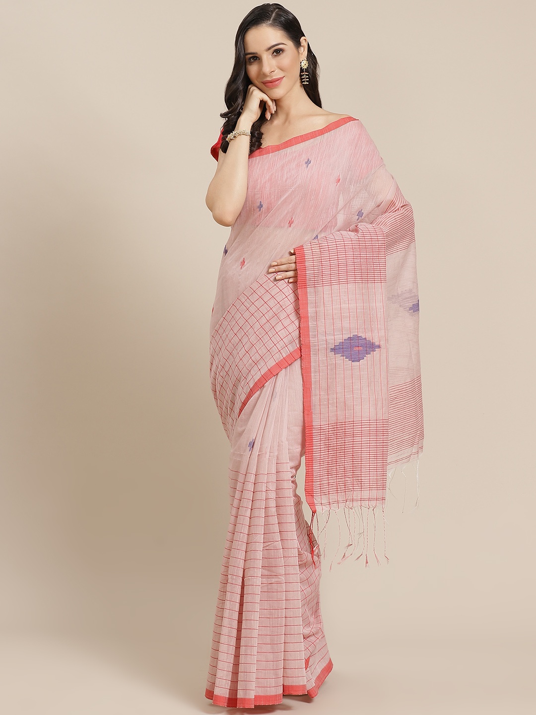 

Kalakari India Pink & Red Silk Cotton Woven Design Ikat Saree