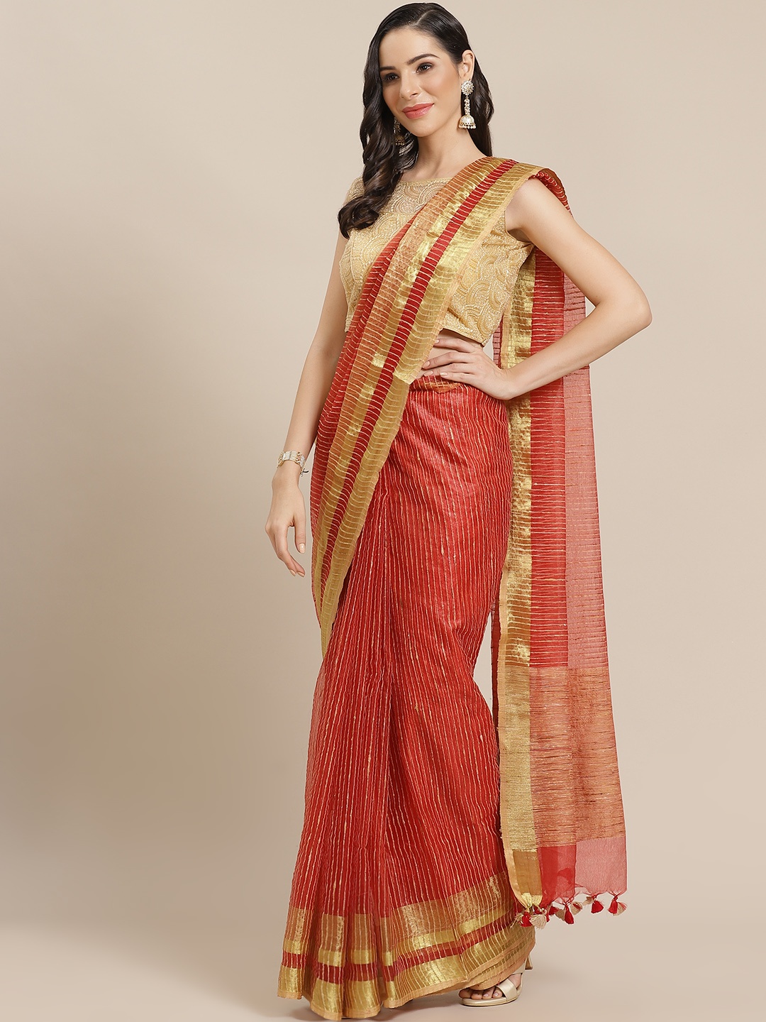 

Kalakari India Red & Golden Striped Bhagalpuri Handloom Saree