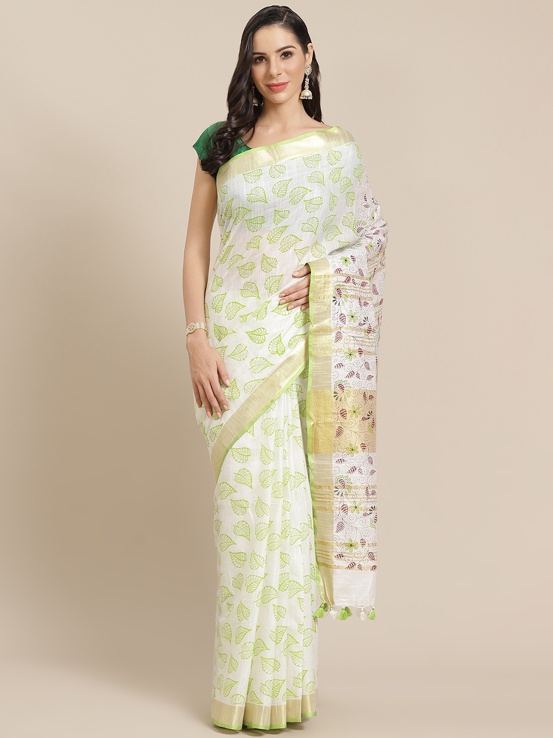 

Kalakari India Off-White & Green Printed Bhagalpuri Handloom Saree