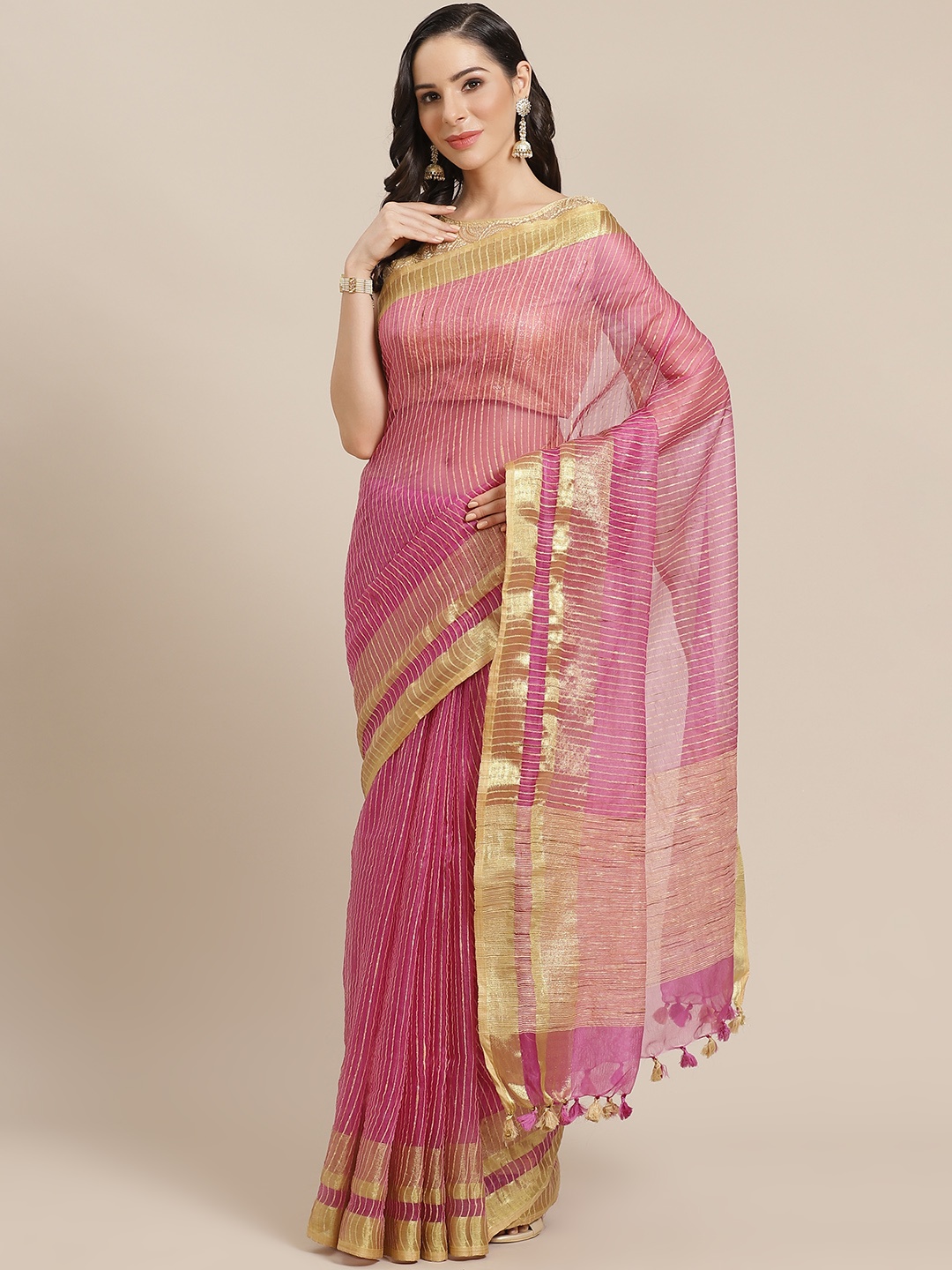 

Kalakari India Pink & Golden Striped Bhagalpuri Handloom Saree