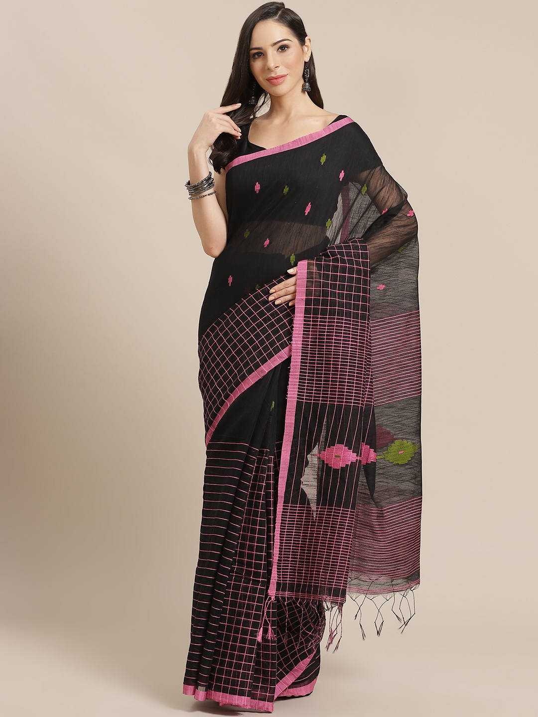 

Kalakari India Black & Pink Woven Design Ikat Handloom Saree