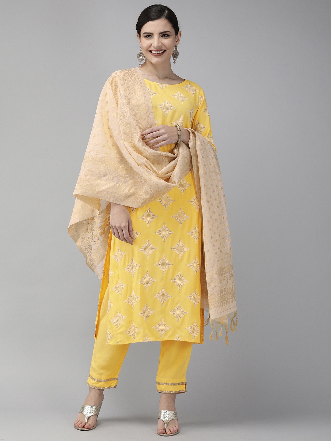 

Indo Era Women Yellow & White Printed Kurta with Trousers & Dupatta