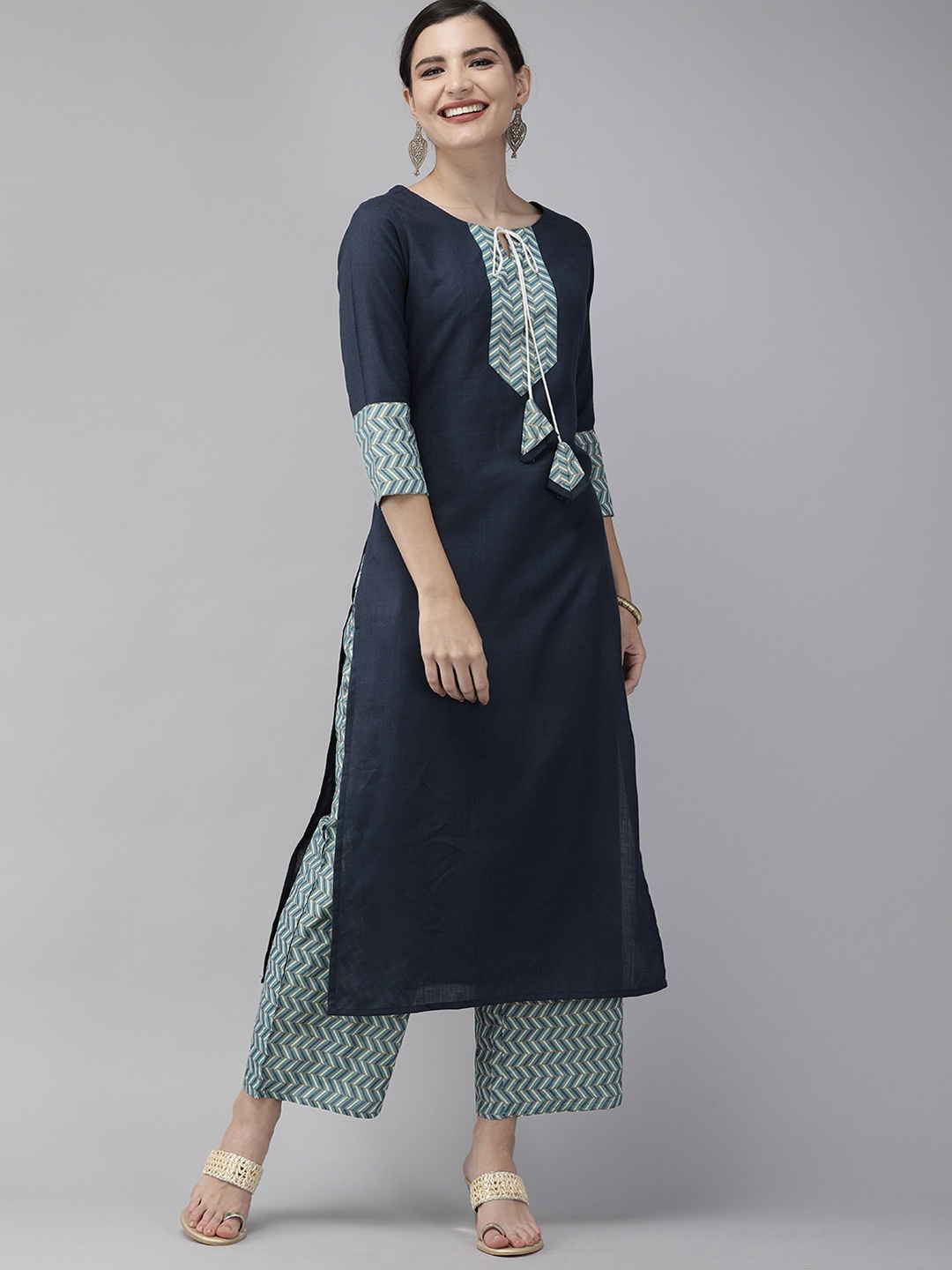 

Indo Era Women Navy Blue & White Yoke Design Kurta with Palazzos