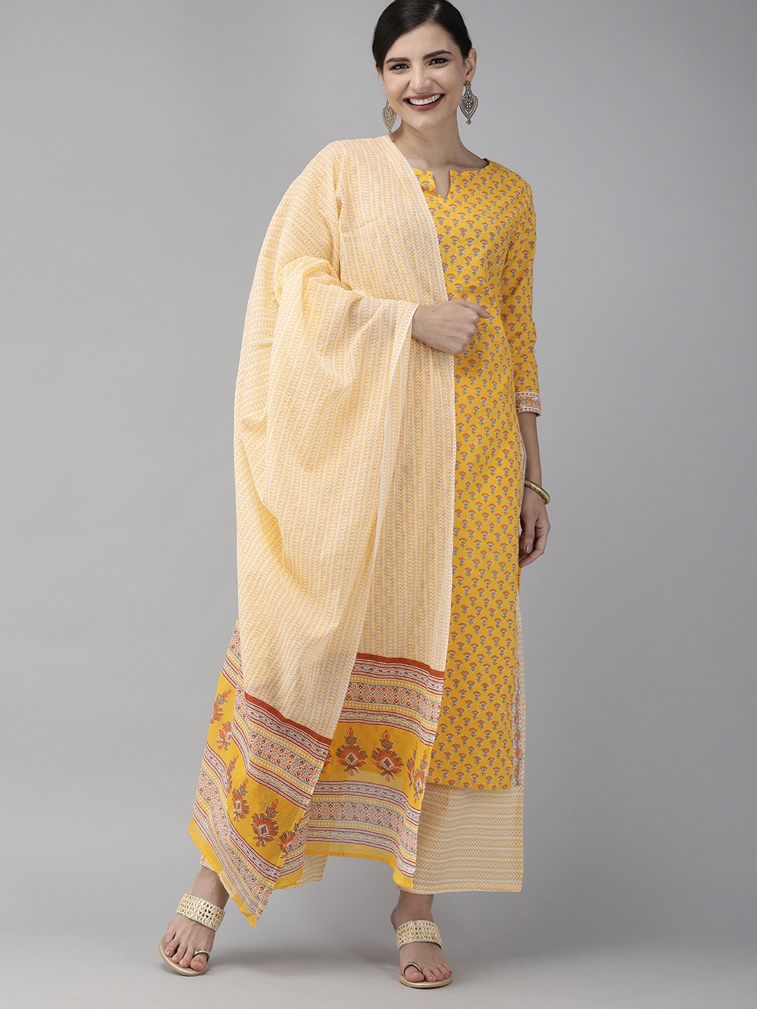 

Indo Era Women Yellow & Beige Printed Kurta with Palazzos & Dupatta