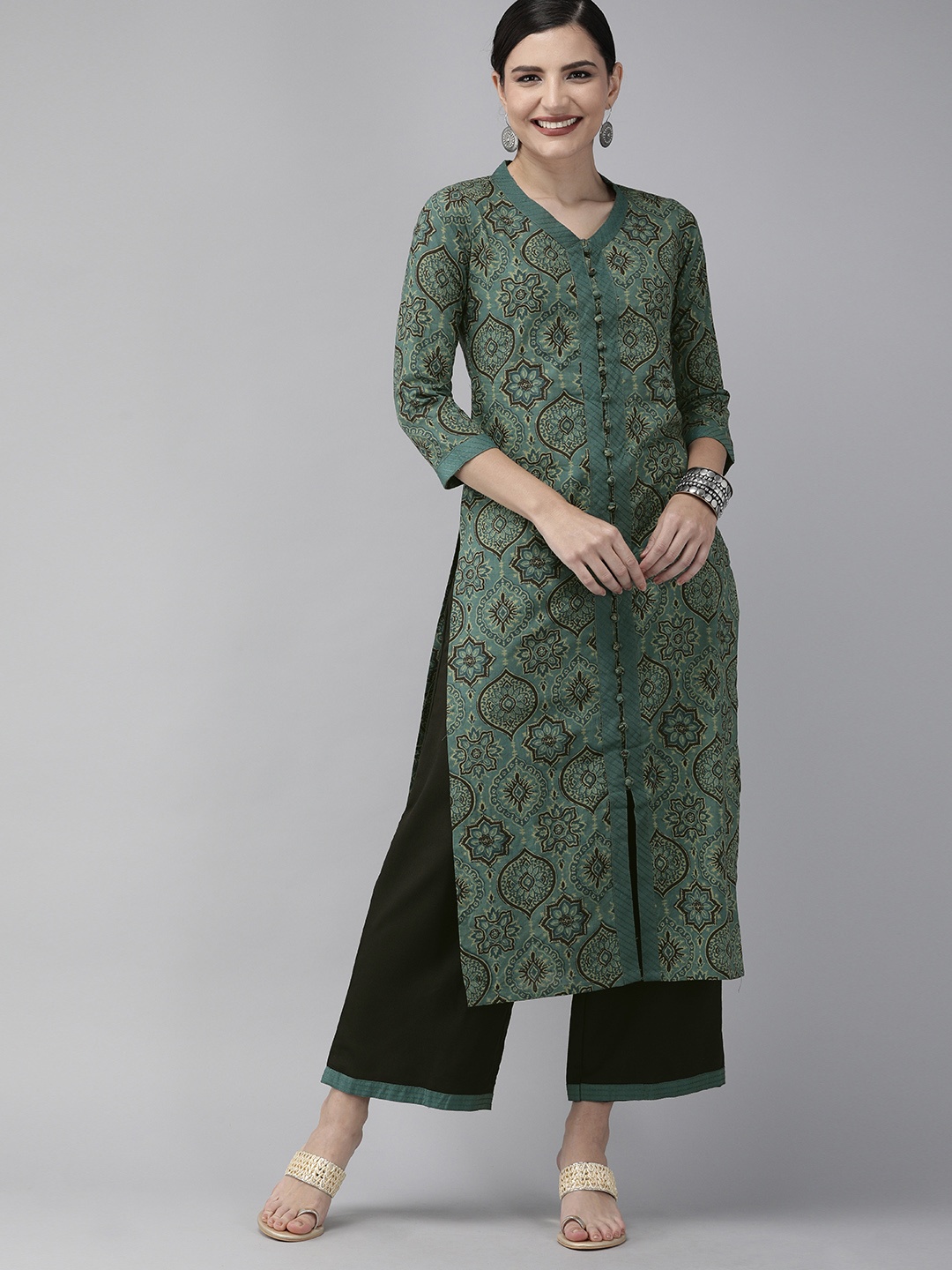 

Indo Era Women Green & Black Printed Kurta with Palazzos