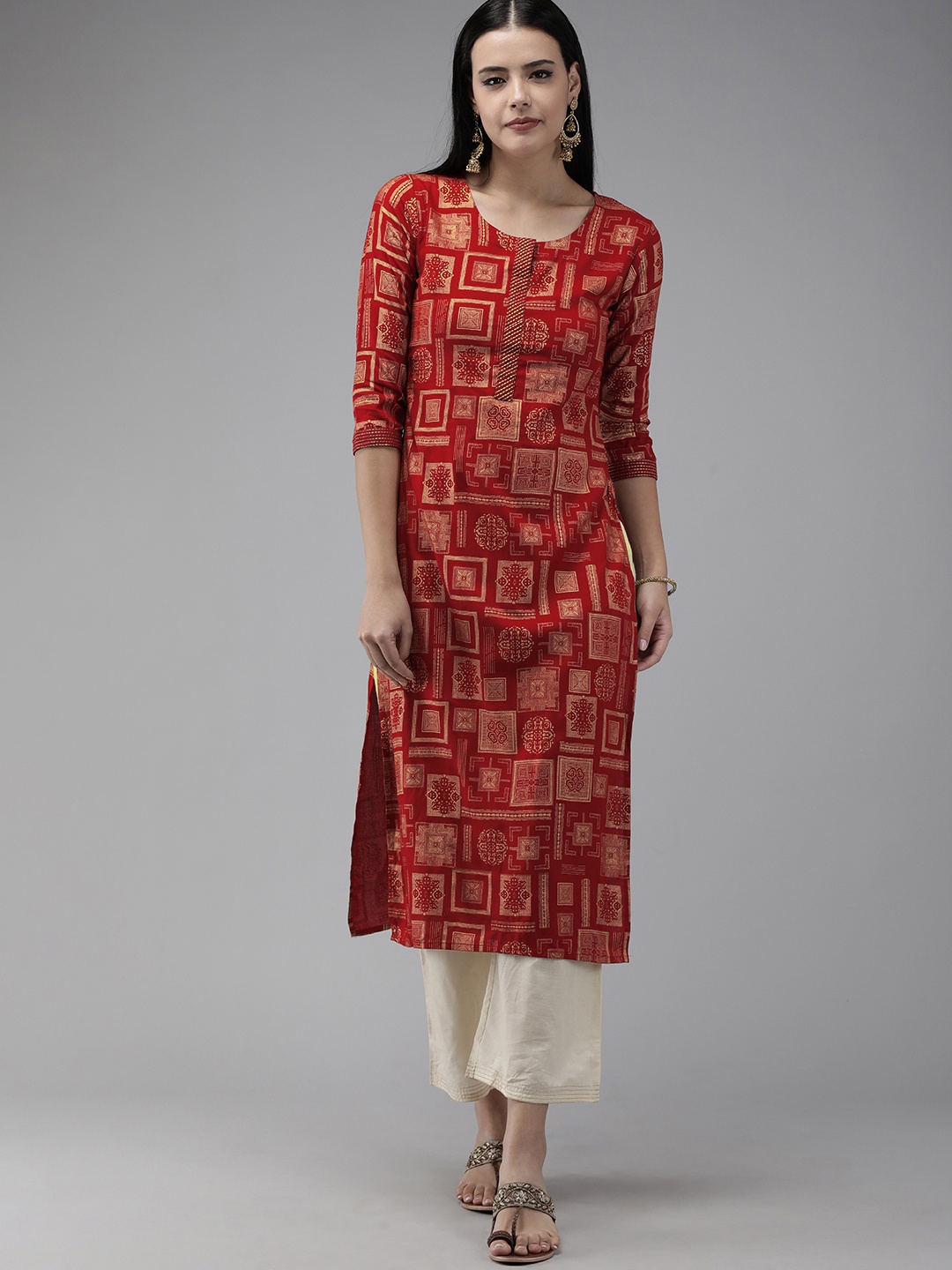 

Indo Era Women Red & Gold-Toned Geometric Printed Kurta