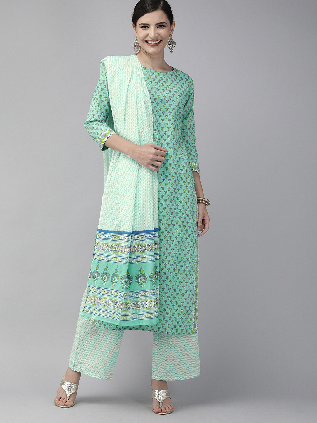 

Indo Era Women Sea Green & Purple Printed Kurta with Palazzos & Dupatta