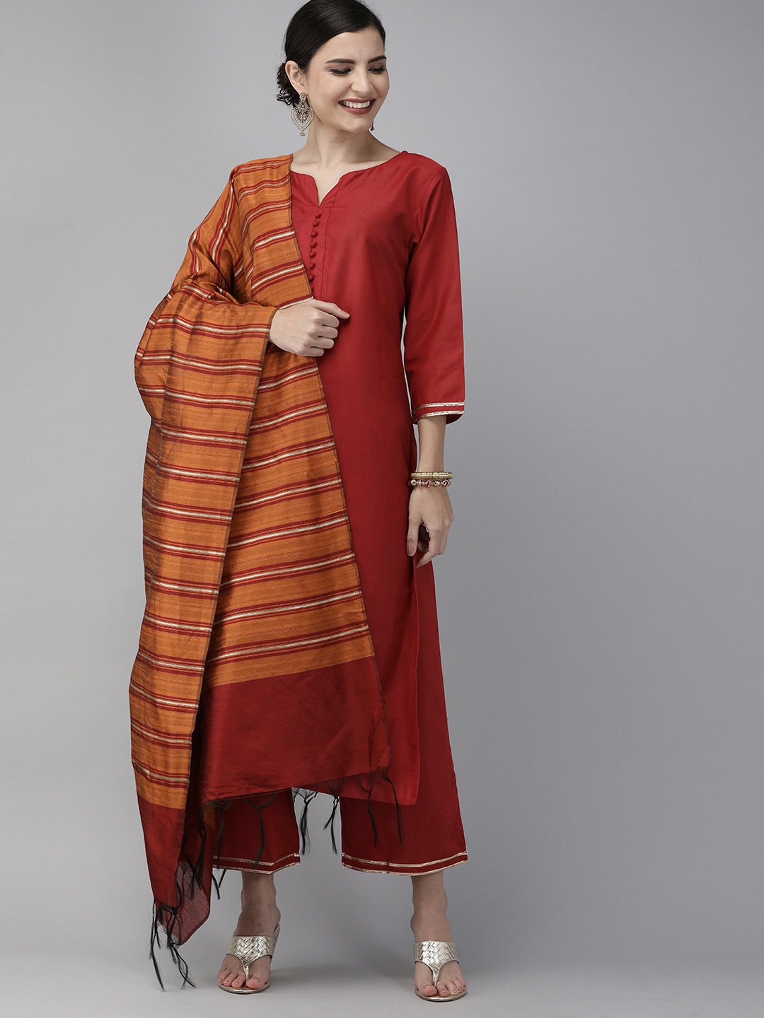 

Indo Era Women Maroon Solid Kurta with Palazzos & Dupatta