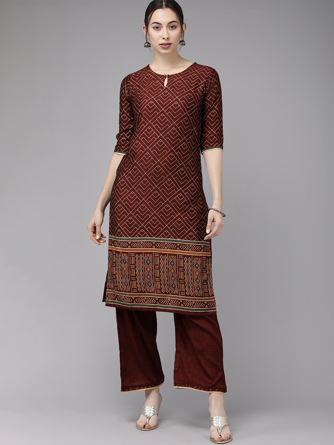 

Indo Era Women Maroon & Golden Foil Printed Kurta with Palazzos