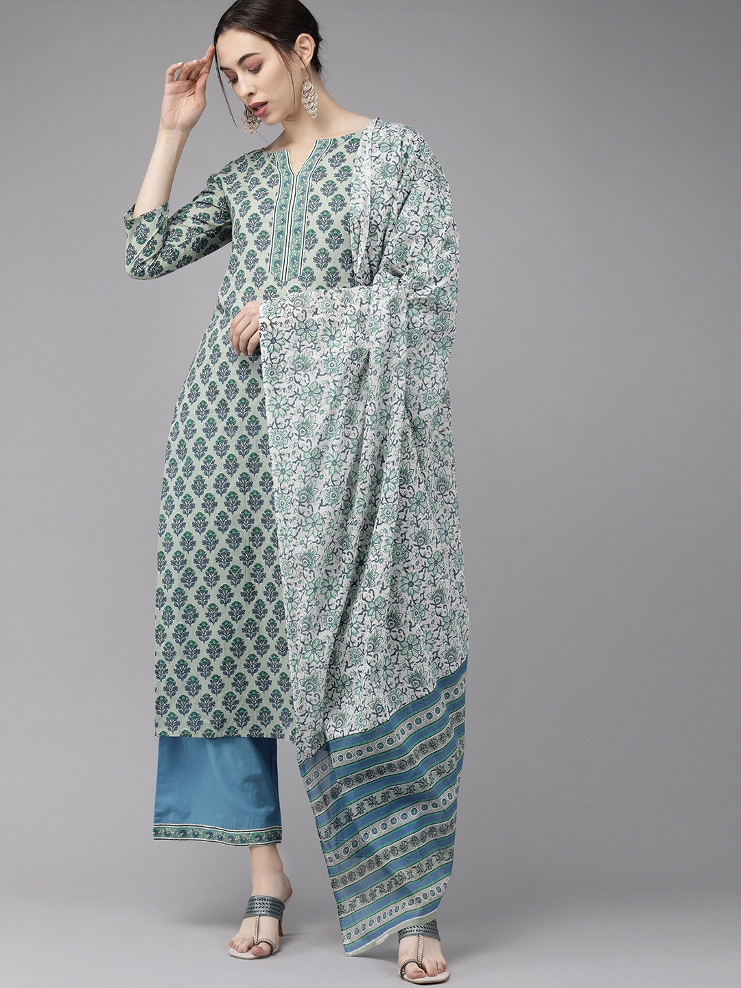 

Indo Era Women Blue Floral Printed Kurta with Palazzos & Dupatta