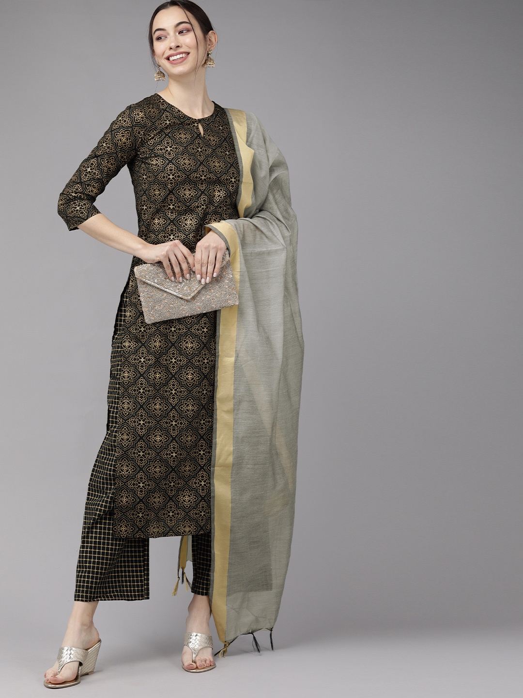 

Indo Era Women Black Printed Kurta with Palazzos & Dupatta