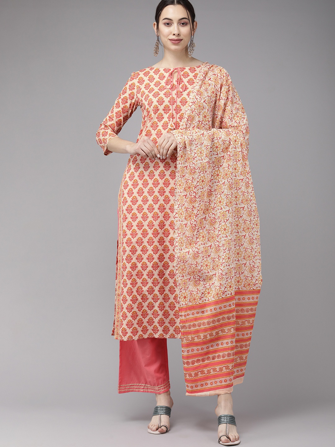 

Indo Era Women Beige & Pink Floral Printed Kurta with Palazzos & Dupatta