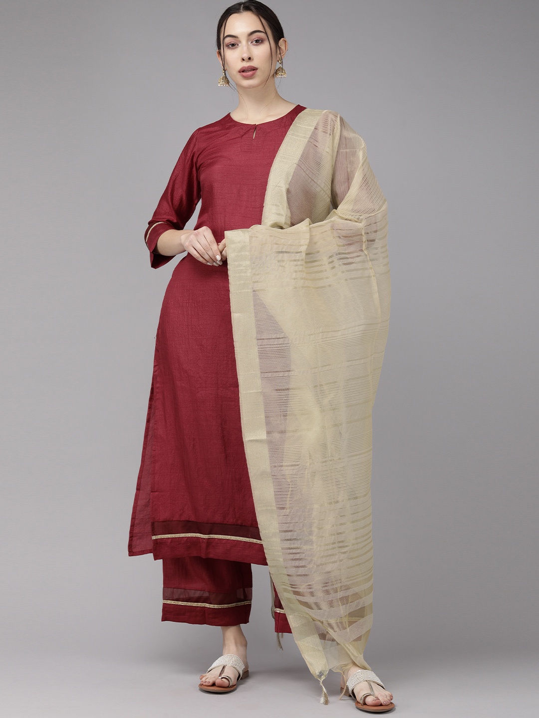 

Indo Era Women Maroon Solid Kurta with Trousers & Dupatta