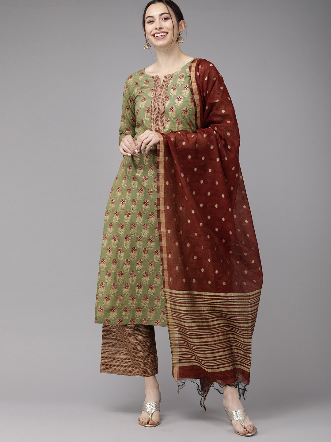 

Indo Era Women Green & Maroon Printed Kurta with Palazzos & Dupatta