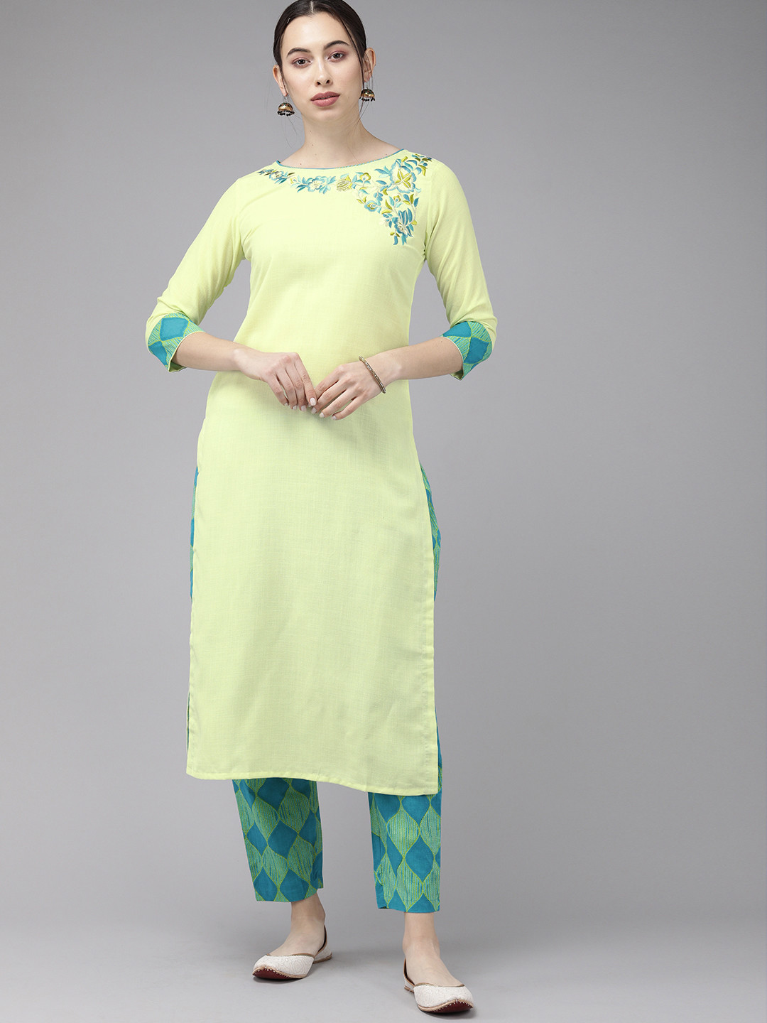 

Indo Era Women Green & Blue Yoke Design Kurta with Trousers