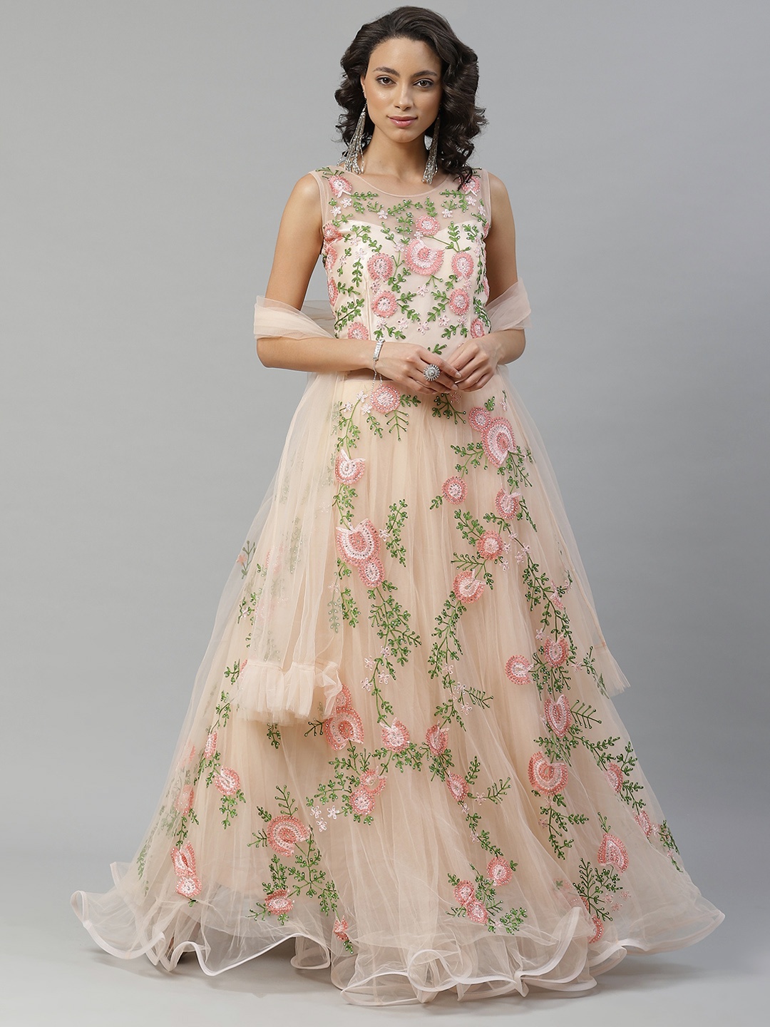 

Chhabra 555 Women Peach-Coloured & Green Resham Embroidered Net Cocktail Gown & Dupatta