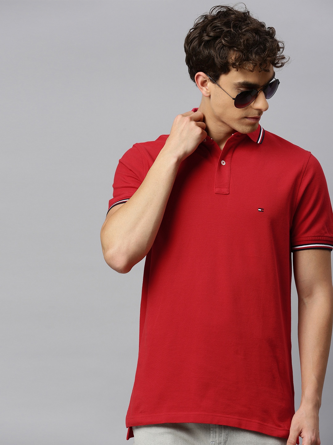 

Tommy Hilfiger Men Red Slim Fit Solid Polo Collar Organic Pure Cotton Organic Cotton T-shirt