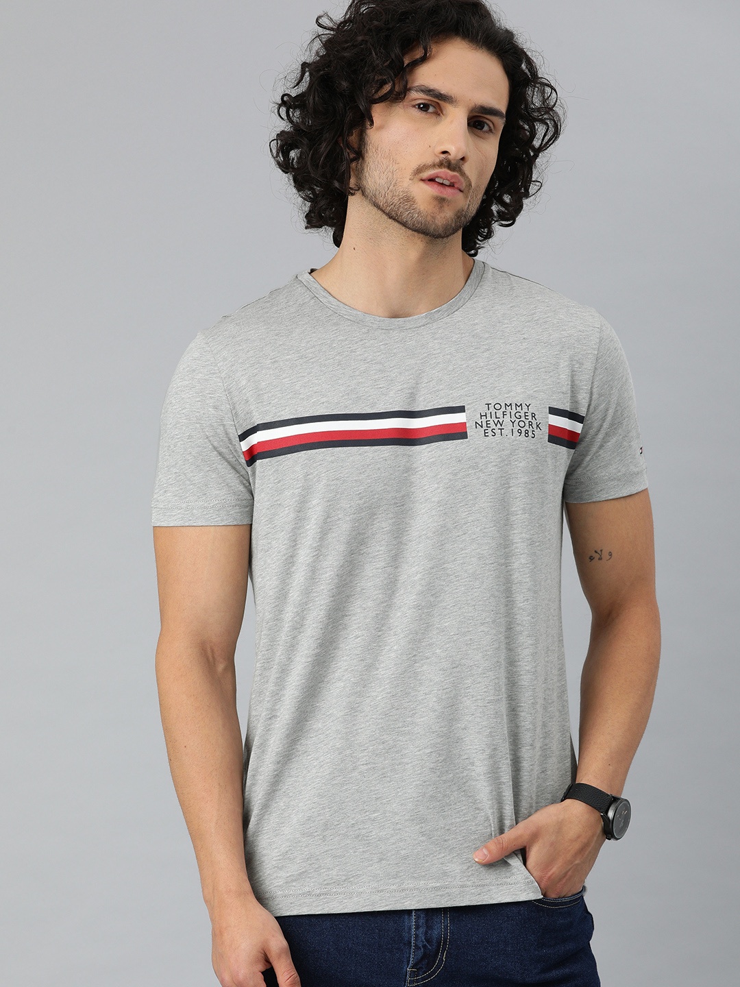 

Tommy Hilfiger Men Grey Solid Round Neck Organic Cotton T-shirt with Stripe Detail