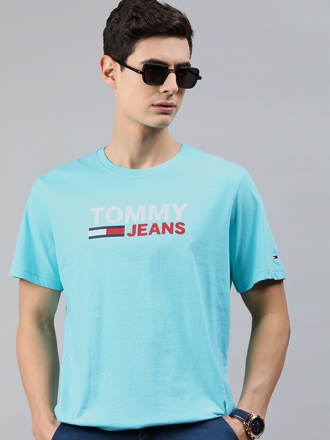 

Tommy Hilfiger Men Blue Printed Round Neck Pure Cotton T-shirt